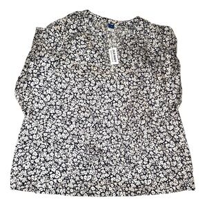 Old Navy Dk Blue & White Floral Cotton Poplin Split V Peasant Top S